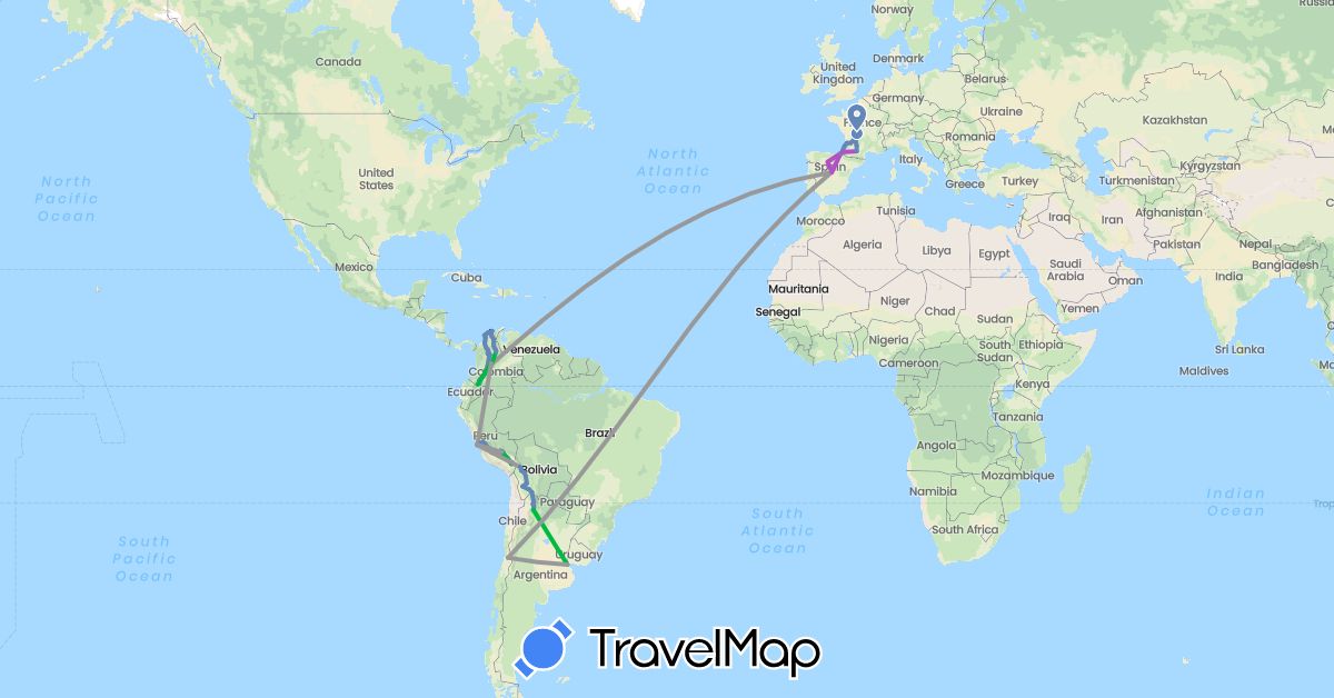 TravelMap itinerary: driving, bus, plane, cycling, train, hiking, boat in Argentina, Bolivia, Chile, Colombia, Spain, France, Peru (Europe, South America)